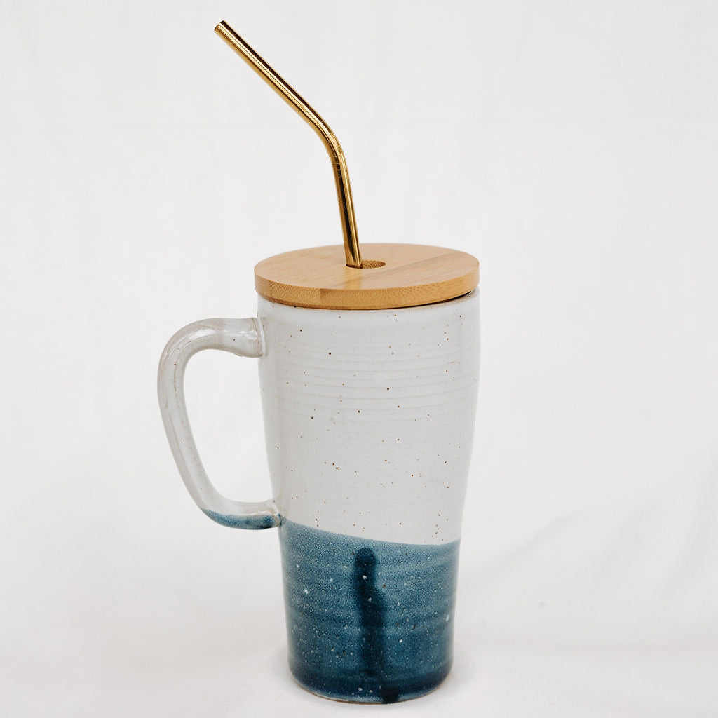 Handmade Pottery Lidded Mug in Blue Watercolour Style