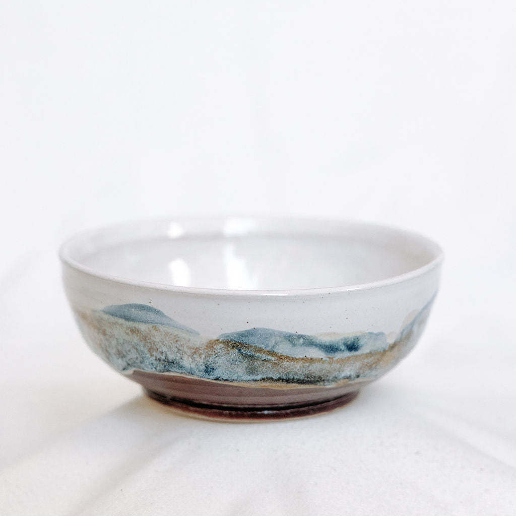 Glossy white, brown, and blue small serving or dessert bowl