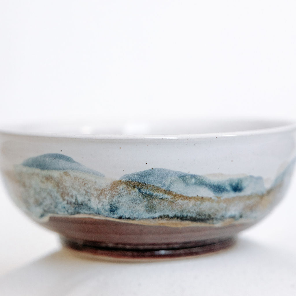 Glossy white, brown, and blue small serving or dessert bowl