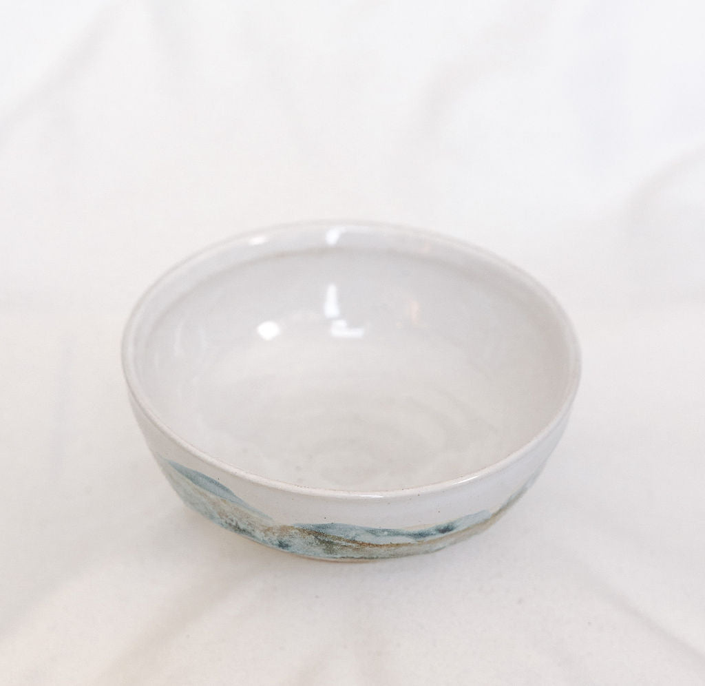 Glossy white, brown, and blue small serving or dessert bowl