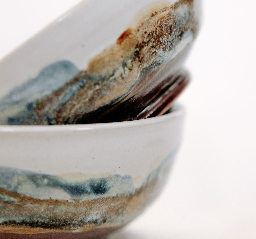 Glossy white, brown, and blue small serving or dessert bowl