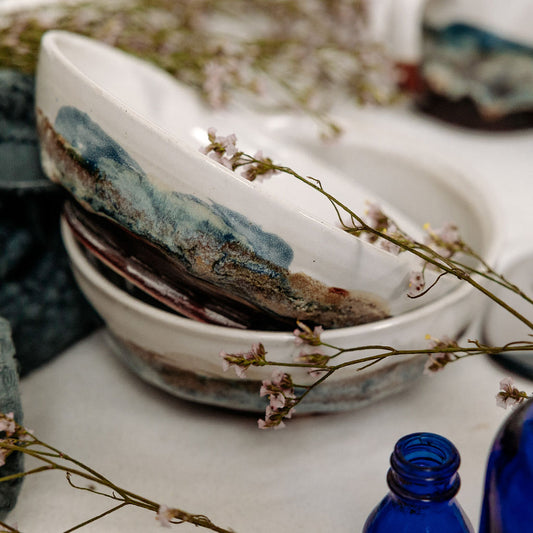 Glossy white, brown, and blue small serving or dessert bowl