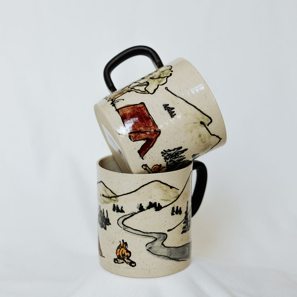 Camping Scene Mug - Product of Canada - Painted Pottery Mug