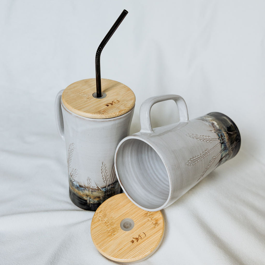 Iced Coffee To Go Cup - Product of Canada - Pottery Mug Design - Carved Wheat