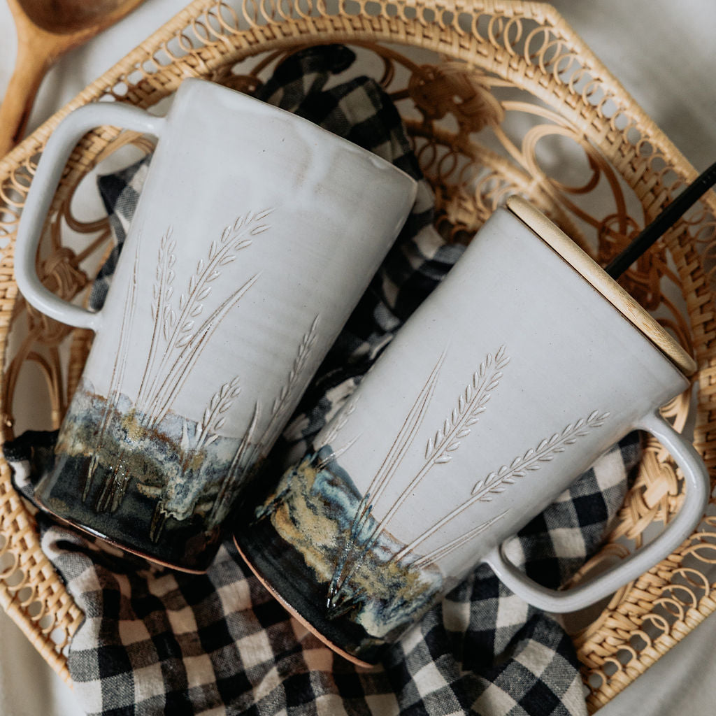 Iced Coffee To Go Cup - Product of Canada - Pottery Mug Design - Carved Wheat