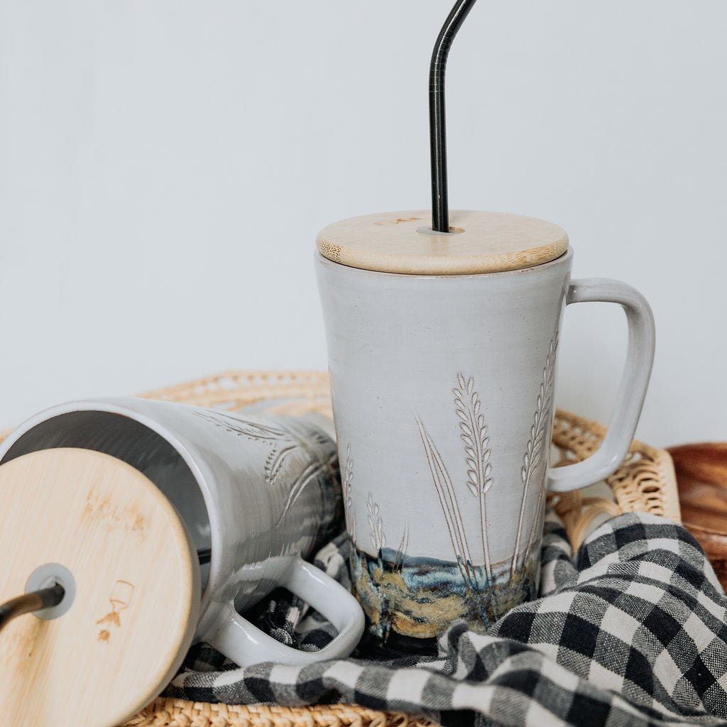 Iced Coffee To Go Cup - Product of Canada - Pottery Mug Design - Carved Wheat