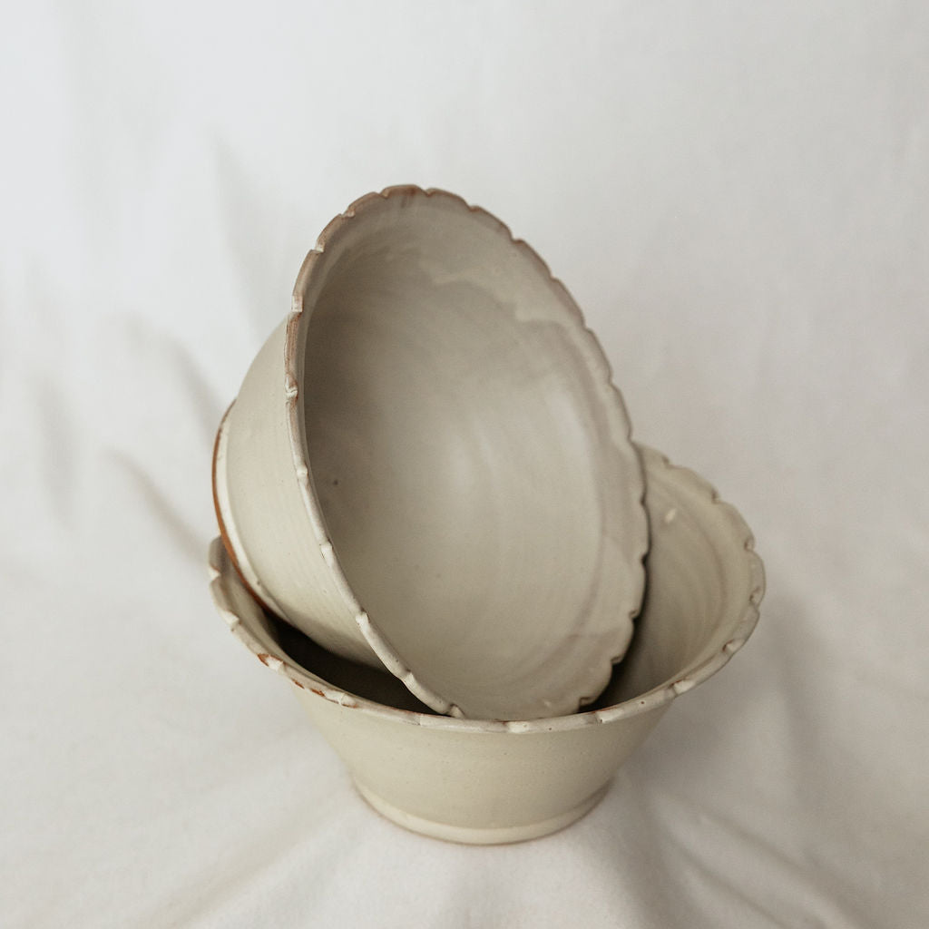 Handmade Rippled Cream Serving Bowl - Made in Canada - Wheel Thrown Stoneware