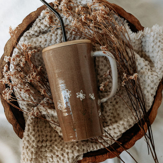 Iced Coffee To Go Cup - Product of Canada - Daisies Pottery Mug Design Lidded