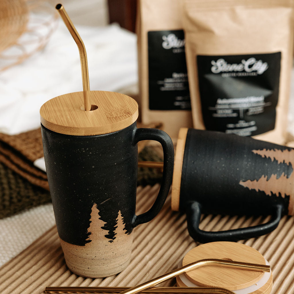 Lidded Pottery Mug in the Matte Black Evergreen Style (Mug Only, Lid and Straw not Included)