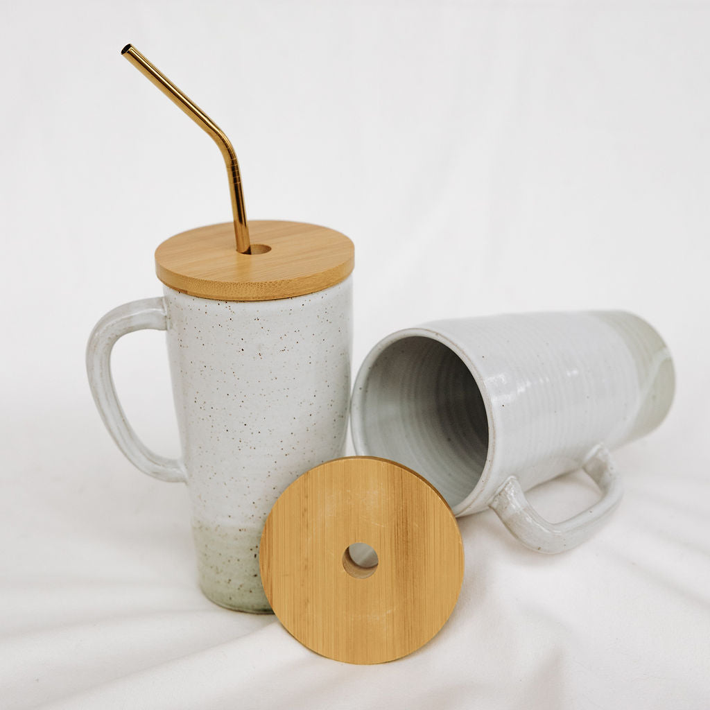 Lidded Pottery Mug in the Watercolour Styles (Mug Only, Lid and Straw not Included)