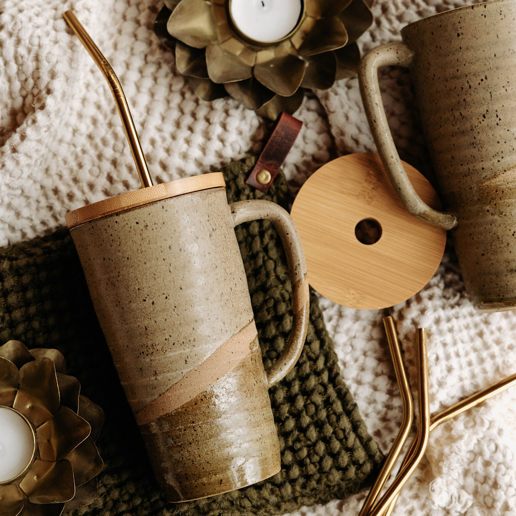 Lidded Pottery Mug in the Silver Willow Style (Mug Only, Lid and Straw not Included)