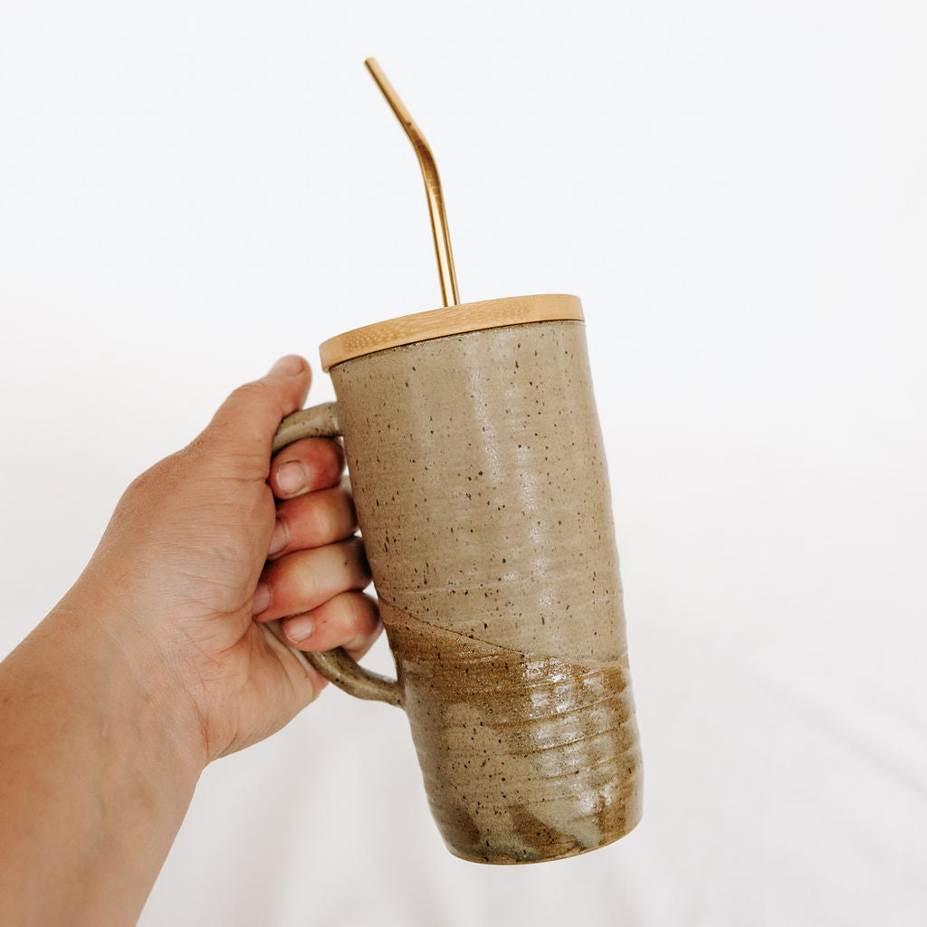 Lidded Pottery Mug in the Silver Willow Style (Mug Only, Lid and Straw not Included)