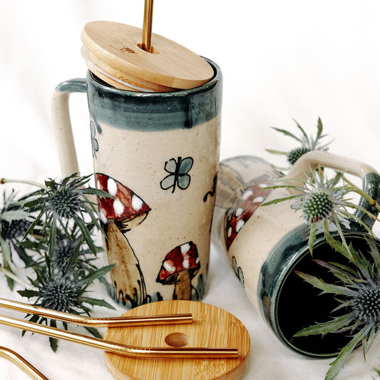 Handmade Pottery Lidded Mug in Hand Painted Mushroom Style