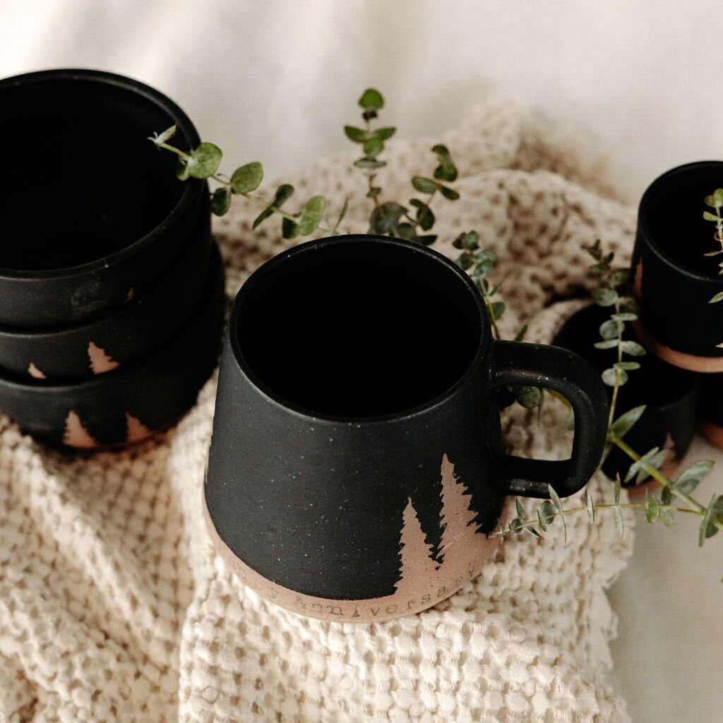 PERSONALIZE IT!!! Black Mug with an Evergreen Tree Design. Add Your Custom Message