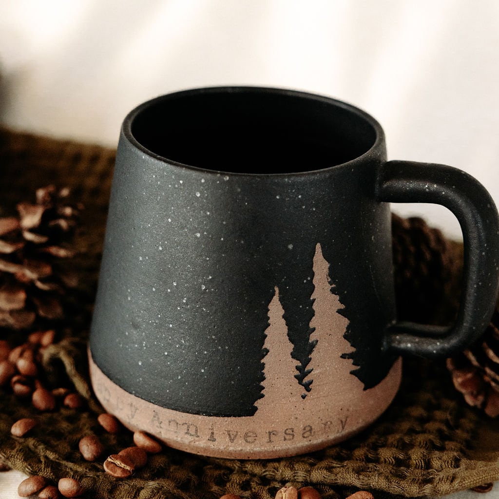 PERSONALIZE IT!!! Black Mug with an Evergreen Tree Design. Add Your Custom Message