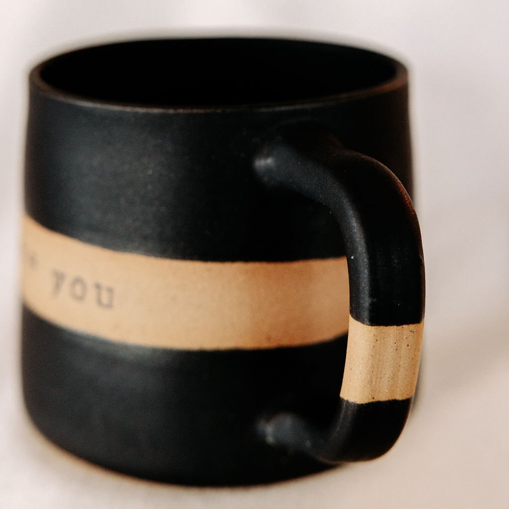 PERSONALIZE IT!!! Basic Black Mug with White Strip for Custom Message