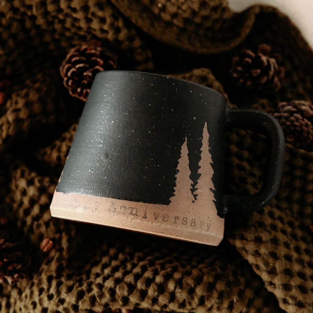 PERSONALIZE IT!!! Black Mug with an Evergreen Tree Design. Add Your Custom Message