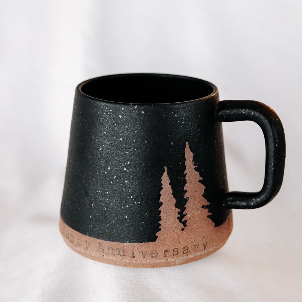 PERSONALIZE IT!!! Black Mug with an Evergreen Tree Design. Add Your Custom Message