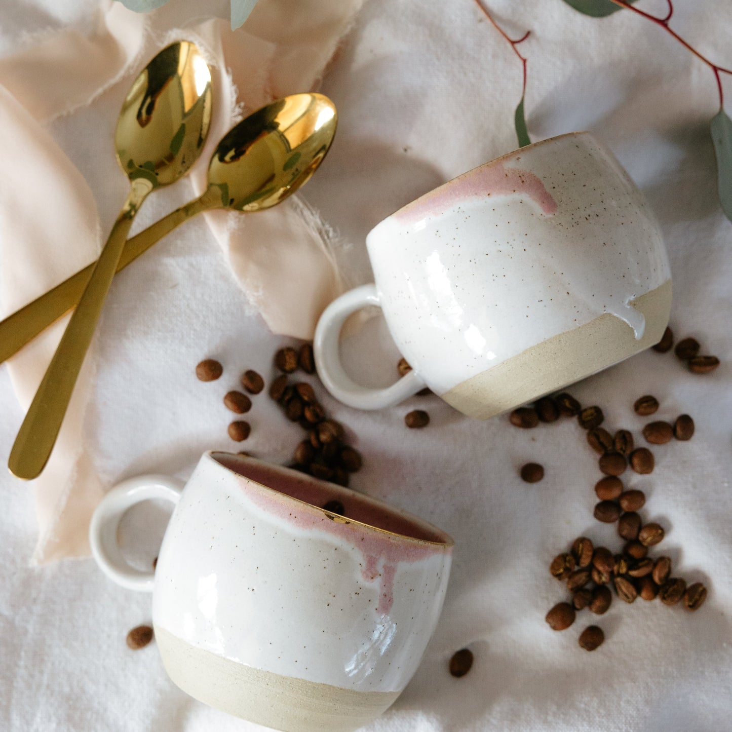 Pink and White Pottery Coffee Mug with Gold Rim