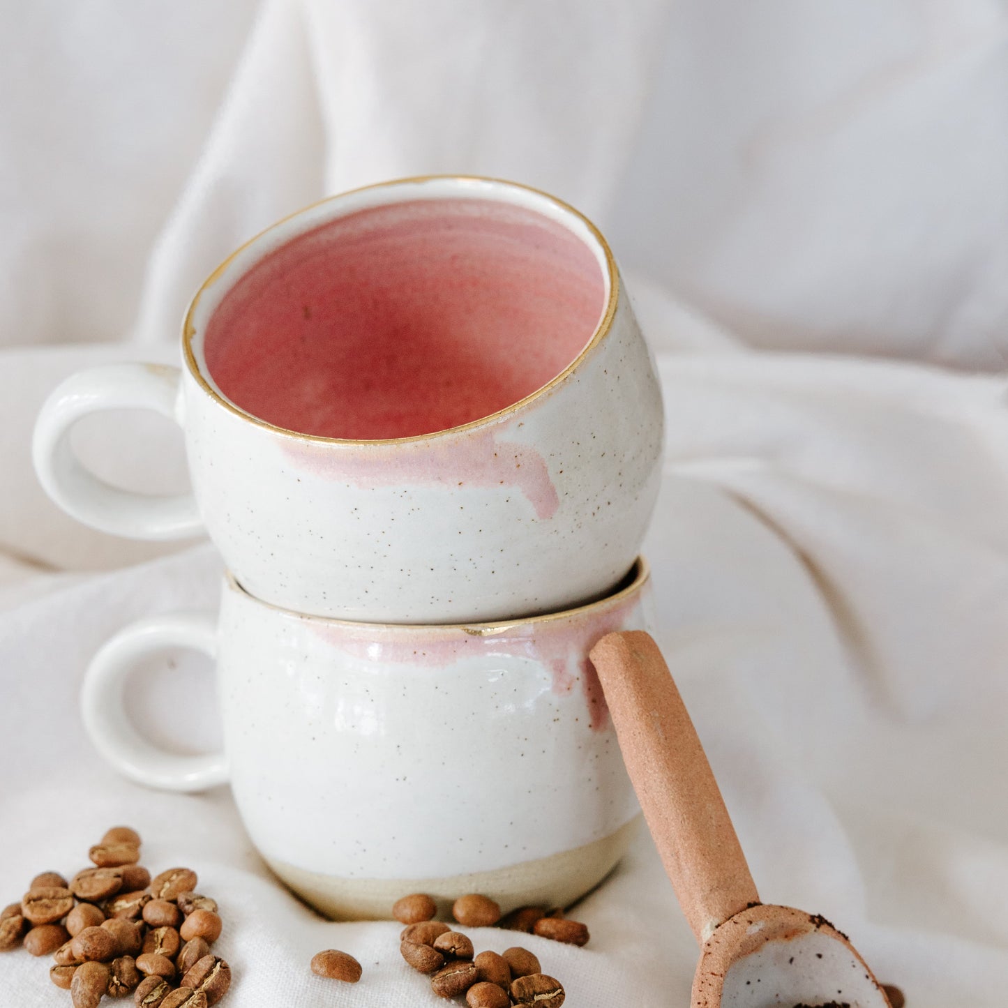 Pink and White Pottery Coffee Mug with Gold Rim