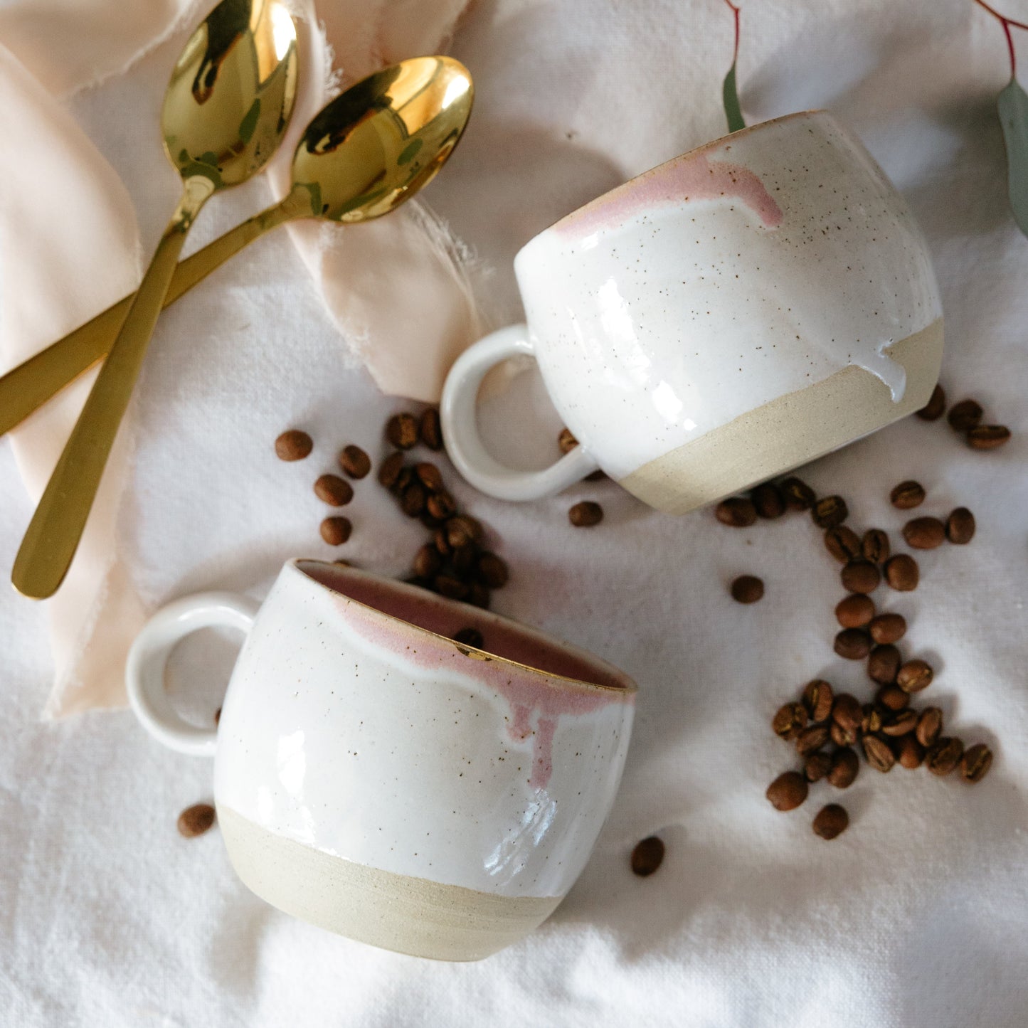 Pink and White Pottery Coffee Mug with Gold Rim