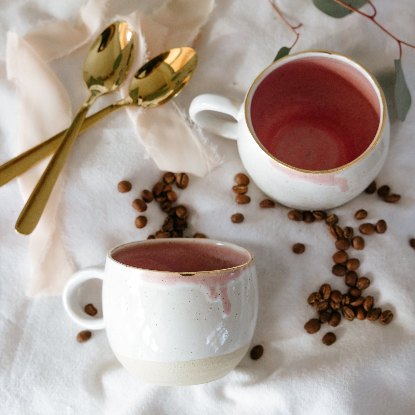Pink and White Pottery Coffee Mug with Gold Rim