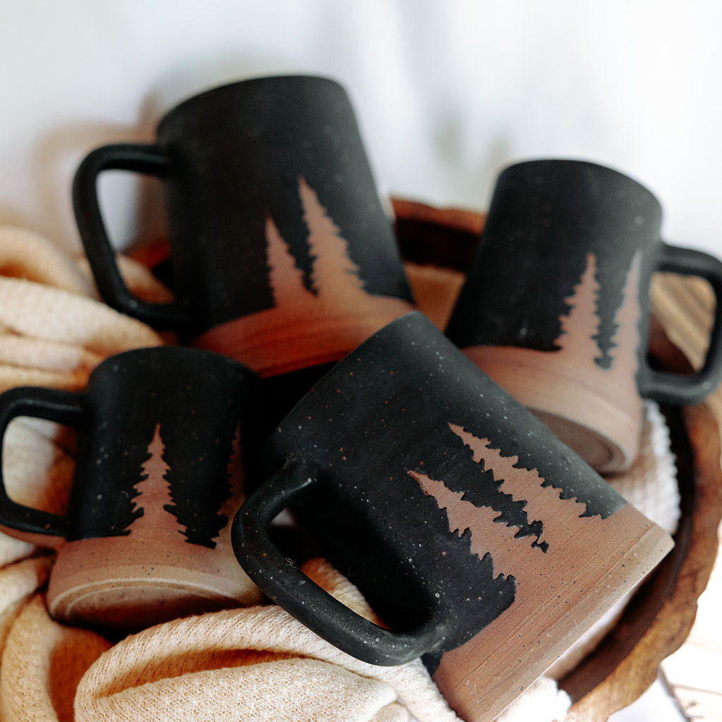 Evergreen or Pine Tree Coffee Pottery Mug with custom personalization available