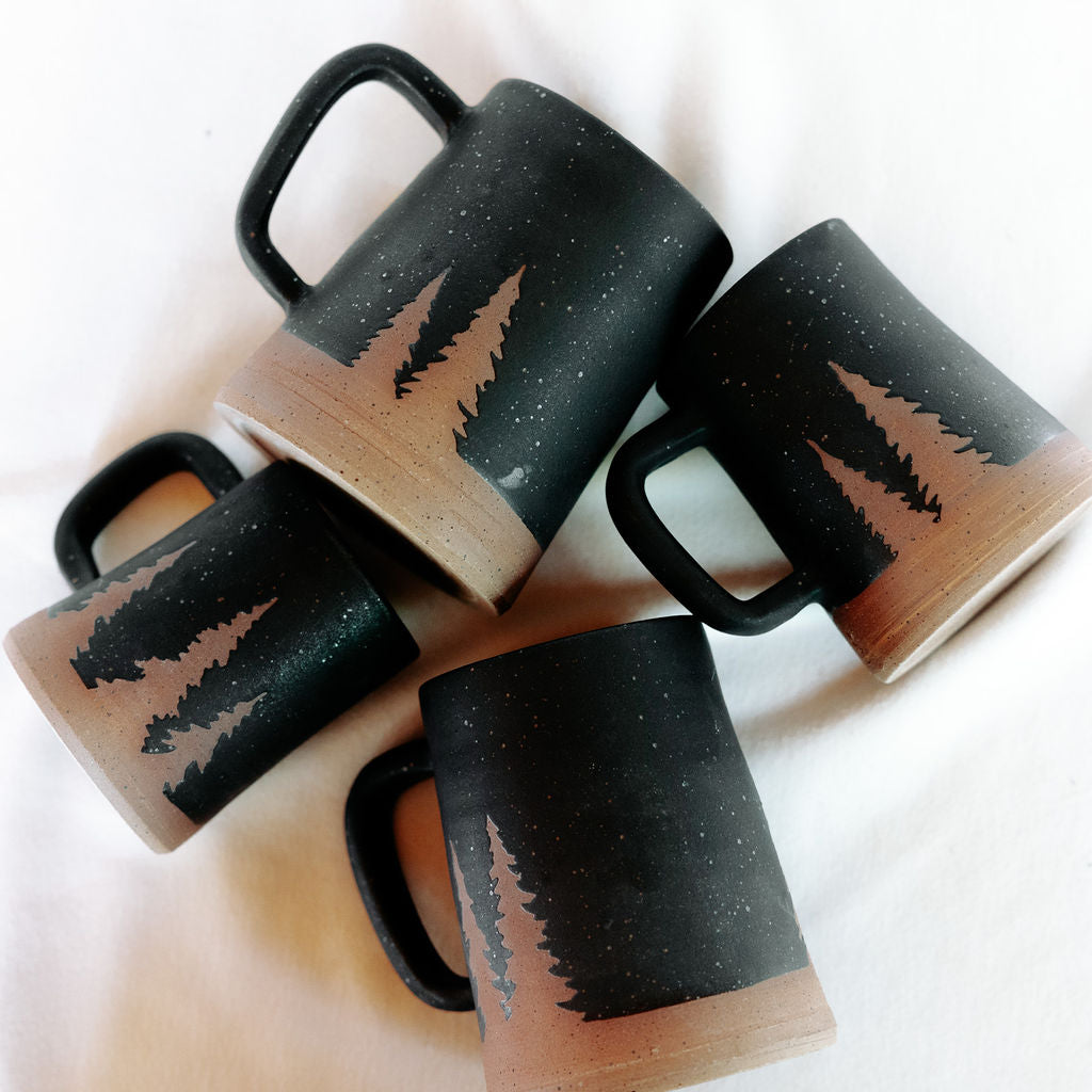 Evergreen or Pine Tree Coffee Pottery Mug with custom personalization available