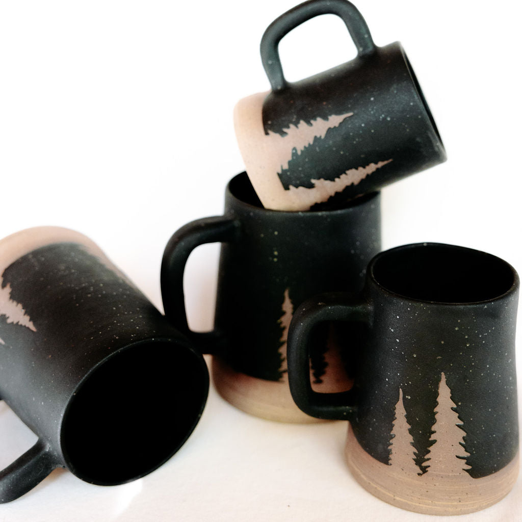 Evergreen or Pine Tree Coffee Pottery Mug with custom personalization available