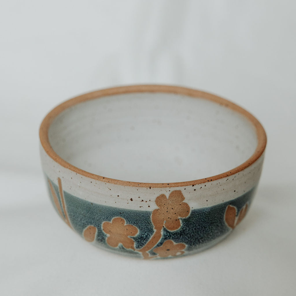 Rustic Floral Bowl in Green and Blue