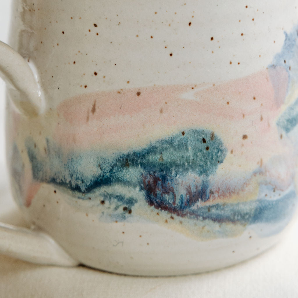 Organic Handmade Pottery Coffee Mug with Mixed Colourful Glaze, Spring Morning