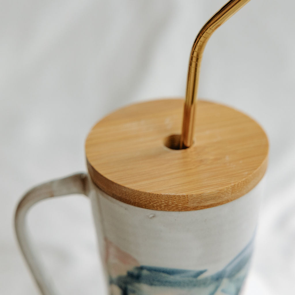 Lidded Pottery Mug in the White Glossy Spring Morning Style (Mug Only, Lid and Straw not Included)
