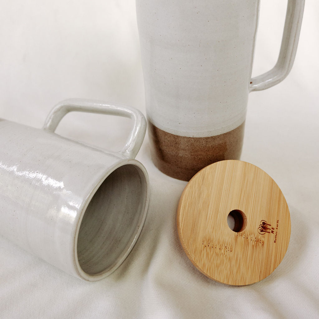 Handmade Pottery Lidded Mug in Glossy White and Brown