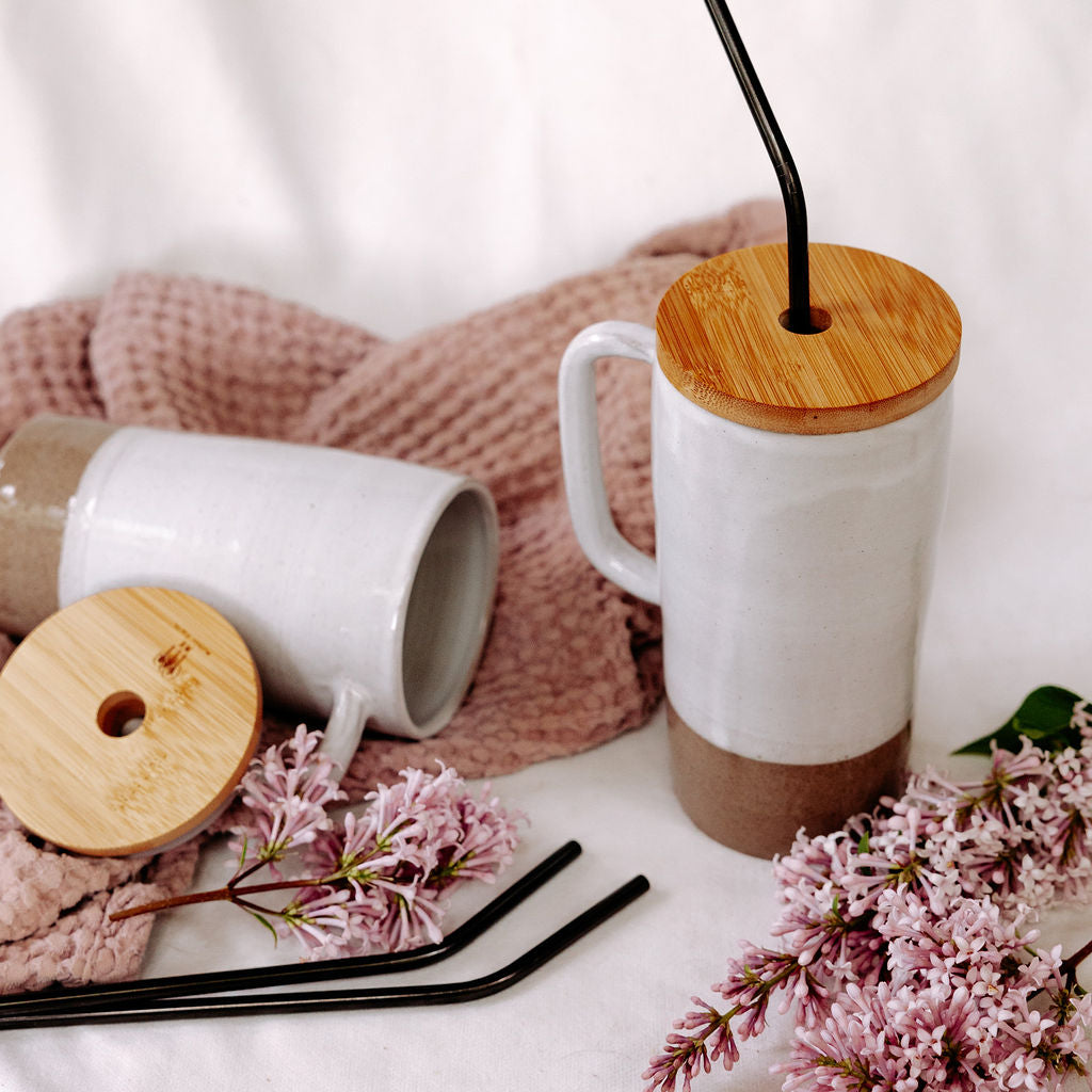 Handmade Pottery Lidded Mug in Glossy White and Brown