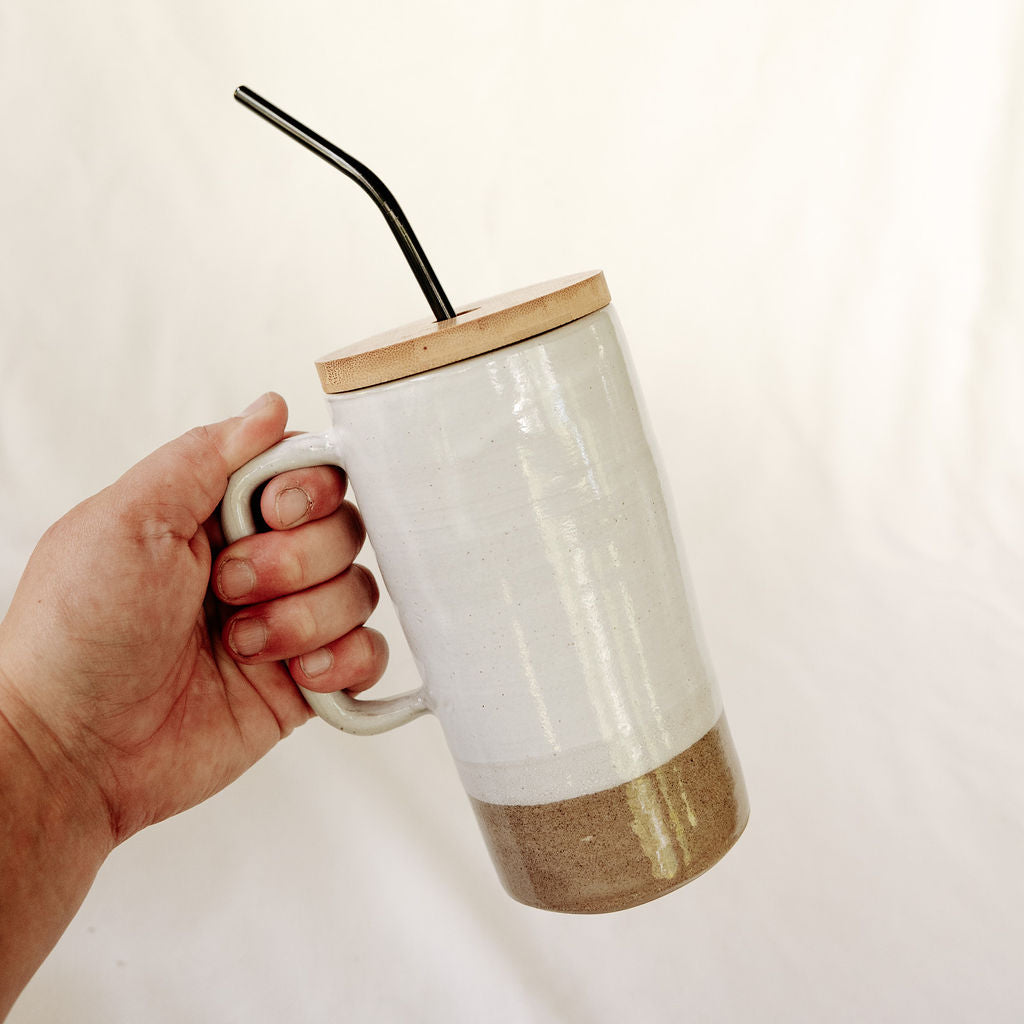 Handmade Pottery Lidded Mug in Glossy White and Brown