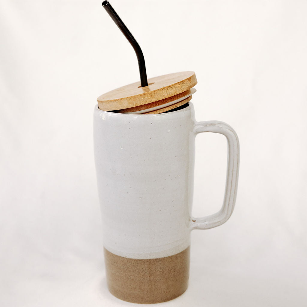 Handmade Pottery Lidded Mug in Glossy White and Brown