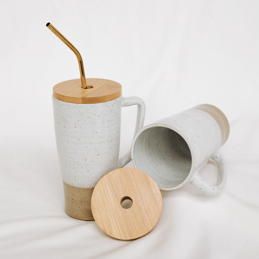 Lidded Pottery Mug in the Basic White Styles (Mug Only, Lid and Straw not Included)