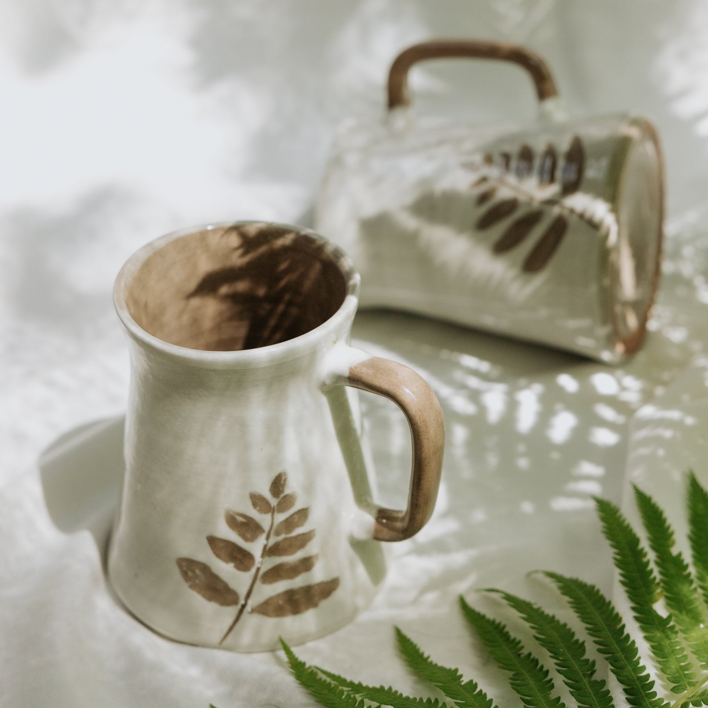 Brown Fern Leaf in Cream Pottery Mug