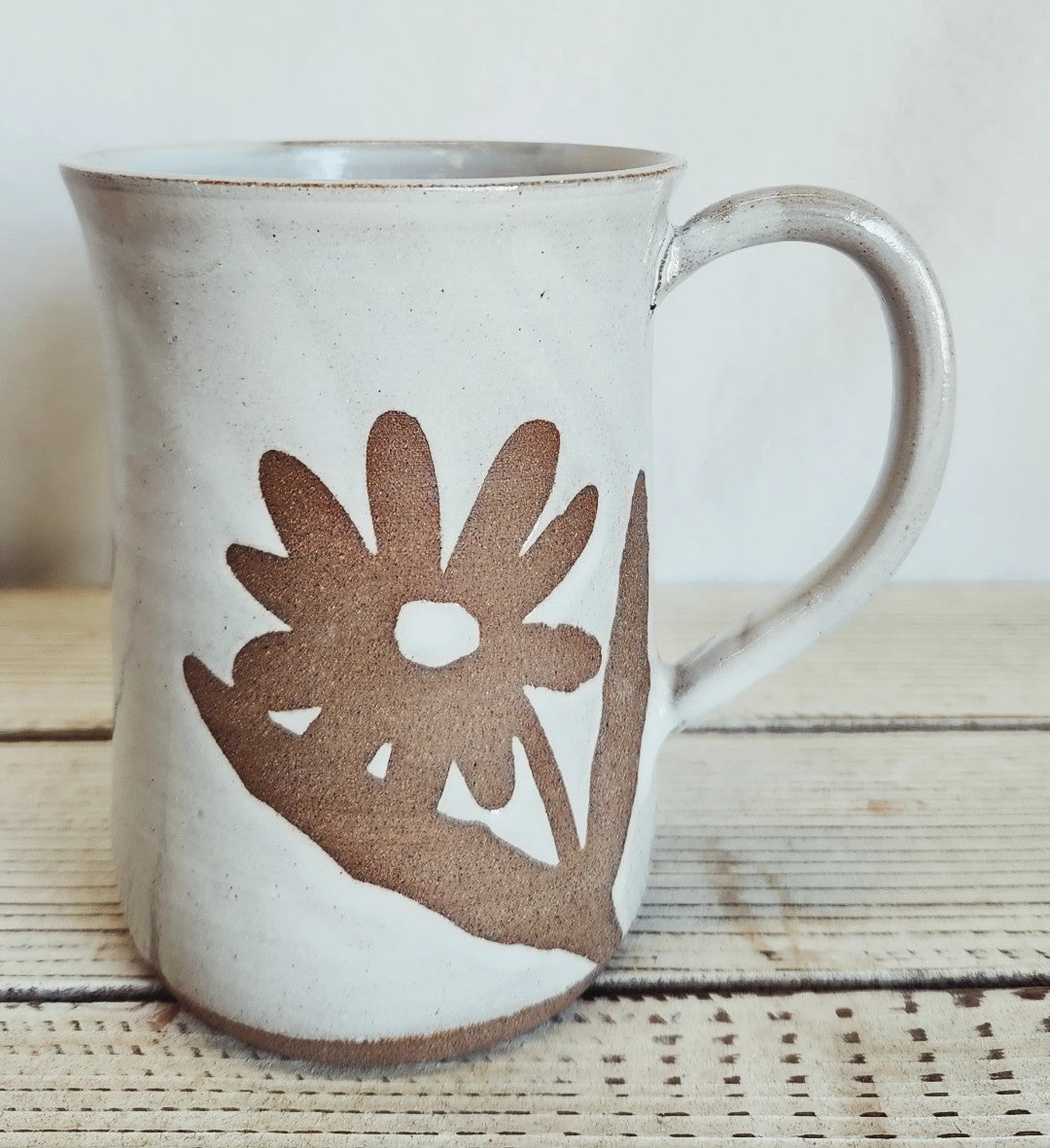 Handmade White Floral Pottery Mug (16 oz) - Made in Canada  - Wheel Thrown Stoneware Mug