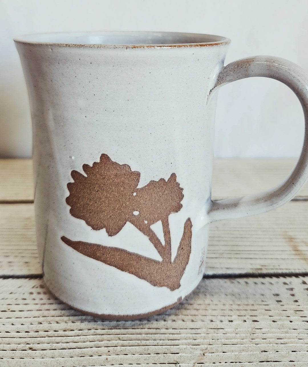 Handmade White Floral Pottery Mug (10 oz) - Made in Canada  - Wheel Thrown Stoneware Mug