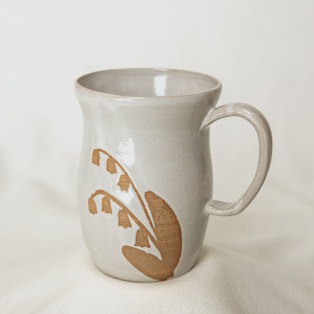 Handmade White Floral Pottery Mug (10 oz) - Made in Canada  - Wheel Thrown Stoneware Mug