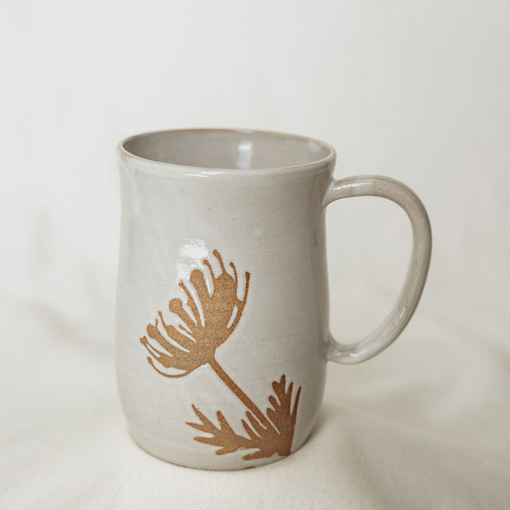 Handmade White Floral Pottery Mug (16 oz) - Made in Canada  - Wheel Thrown Stoneware Mug