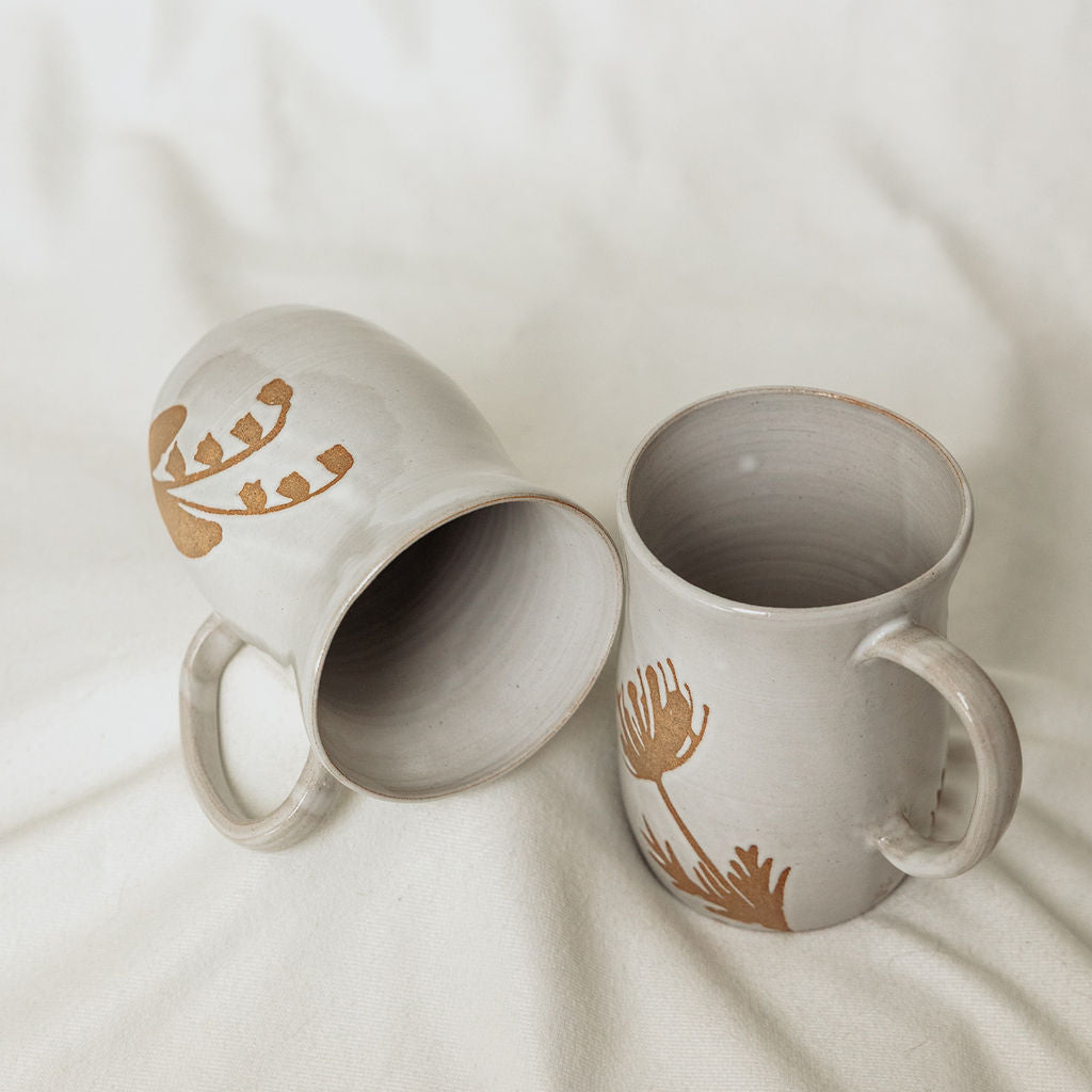 Handmade White Floral Pottery Mug (10 oz) - Made in Canada  - Wheel Thrown Stoneware Mug
