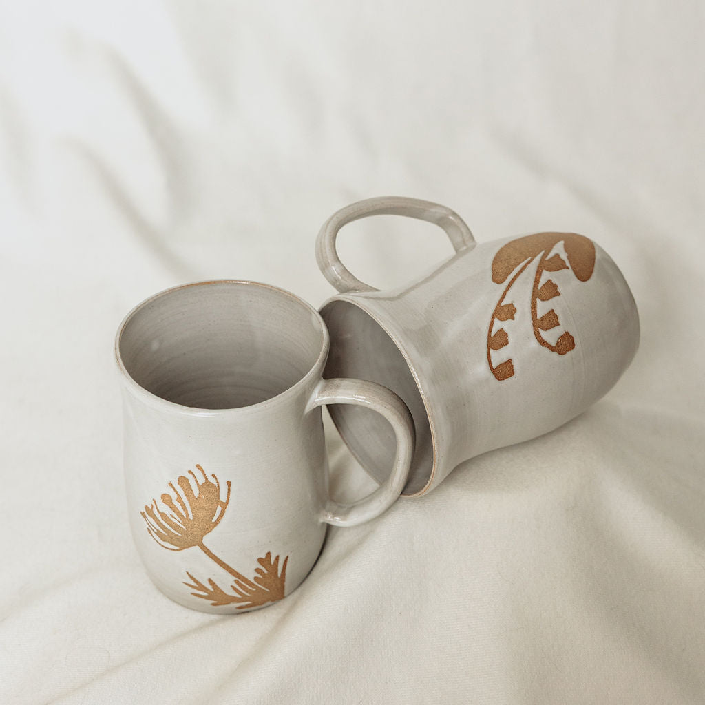 Handmade White Floral Pottery Mug (16 oz) - Made in Canada  - Wheel Thrown Stoneware Mug
