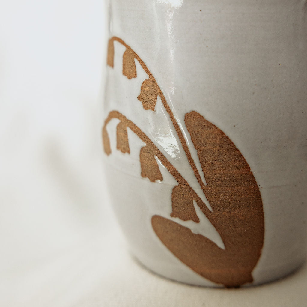 Handmade White Floral Pottery Mug (16 oz) - Made in Canada  - Wheel Thrown Stoneware Mug