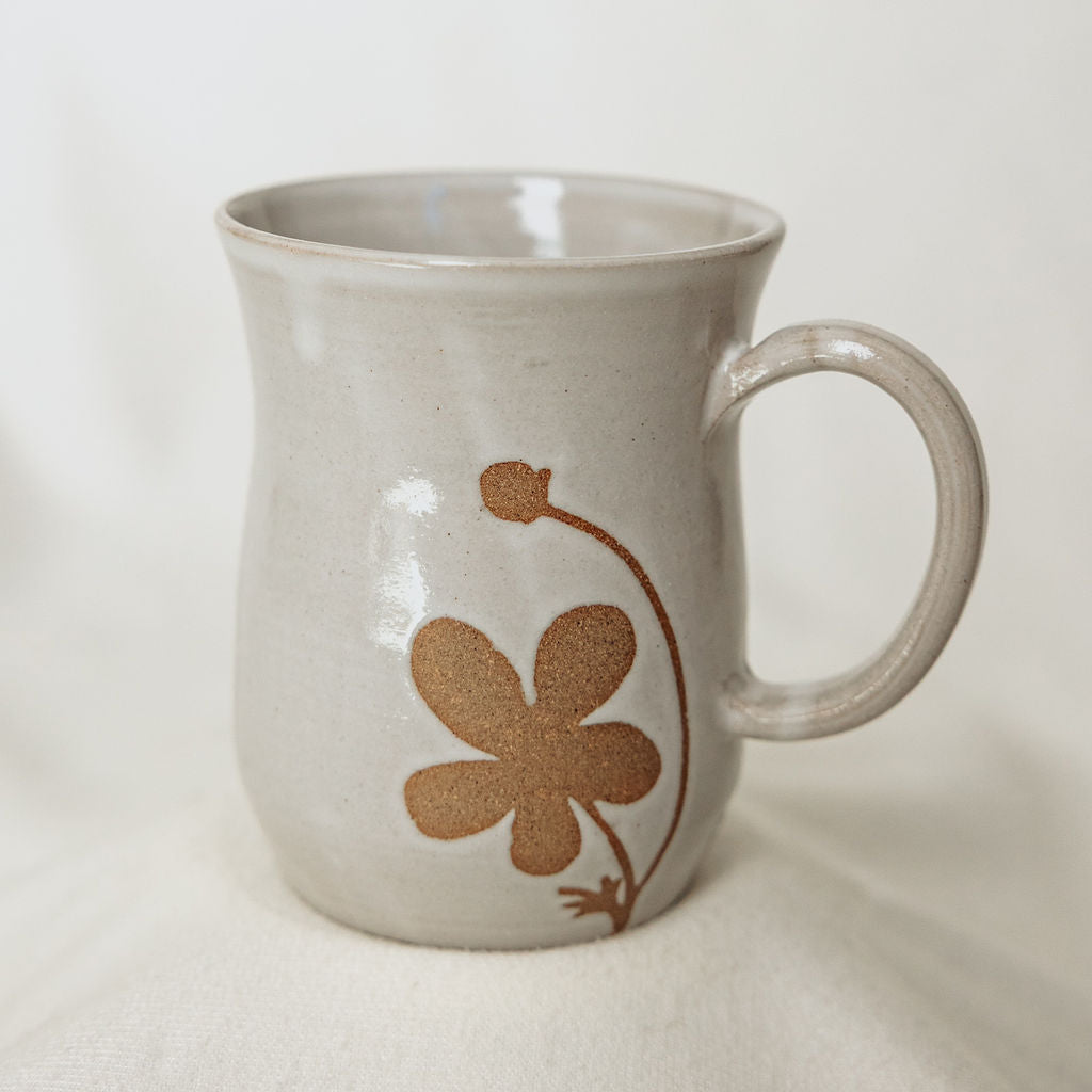 Handmade White Floral Pottery Mug (16 oz) - Made in Canada  - Wheel Thrown Stoneware Mug