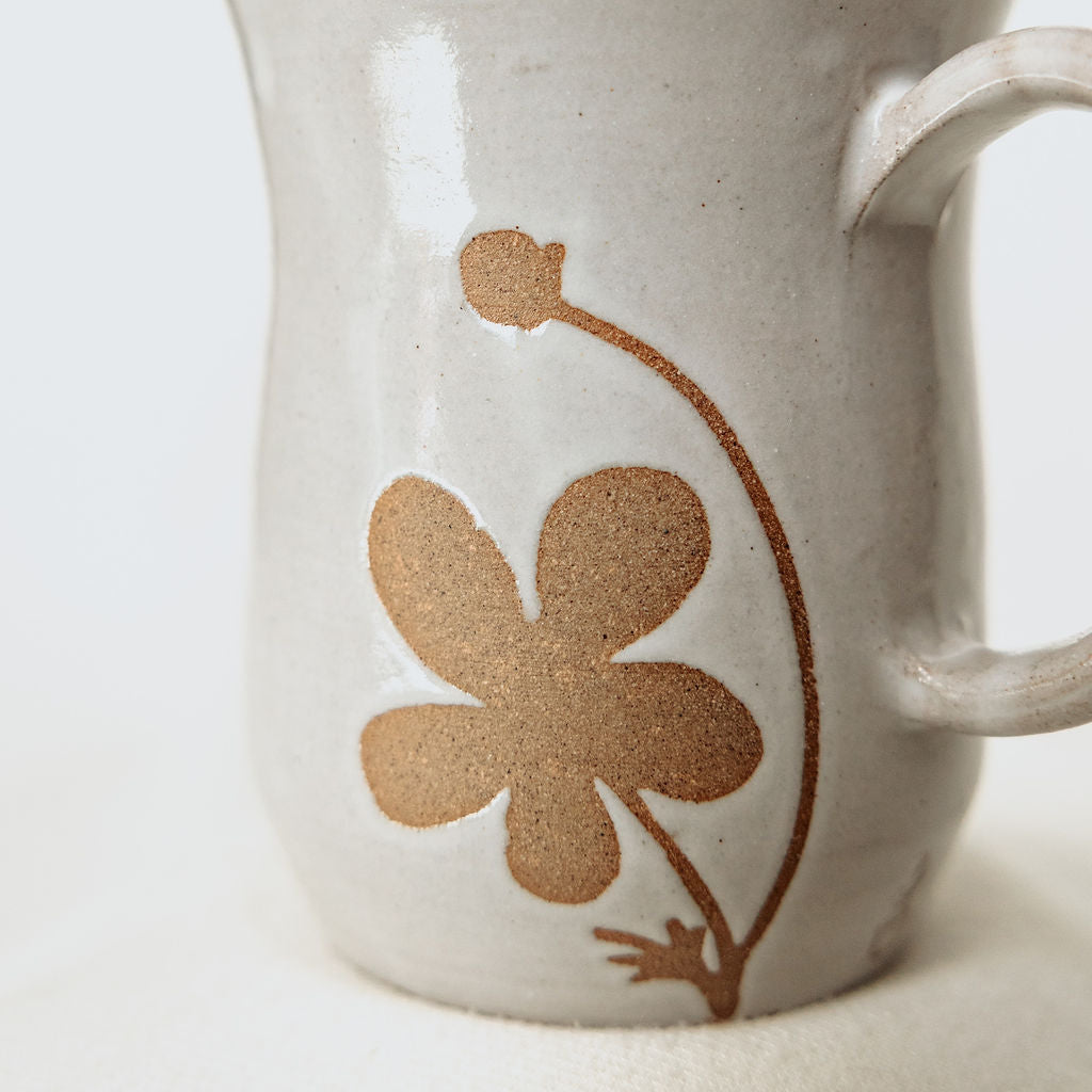 Handmade White Floral Pottery Mug (10 oz) - Made in Canada  - Wheel Thrown Stoneware Mug