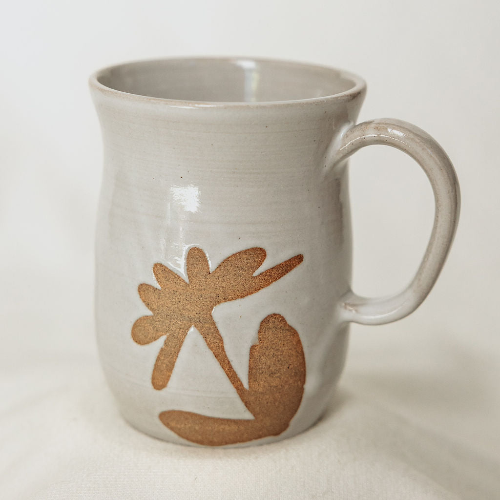 Handmade White Floral Pottery Mug (16 oz) - Made in Canada  - Wheel Thrown Stoneware Mug