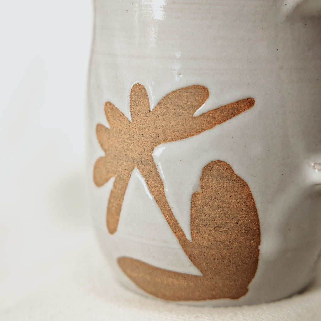 Handmade White Floral Pottery Mug (10 oz) - Made in Canada  - Wheel Thrown Stoneware Mug