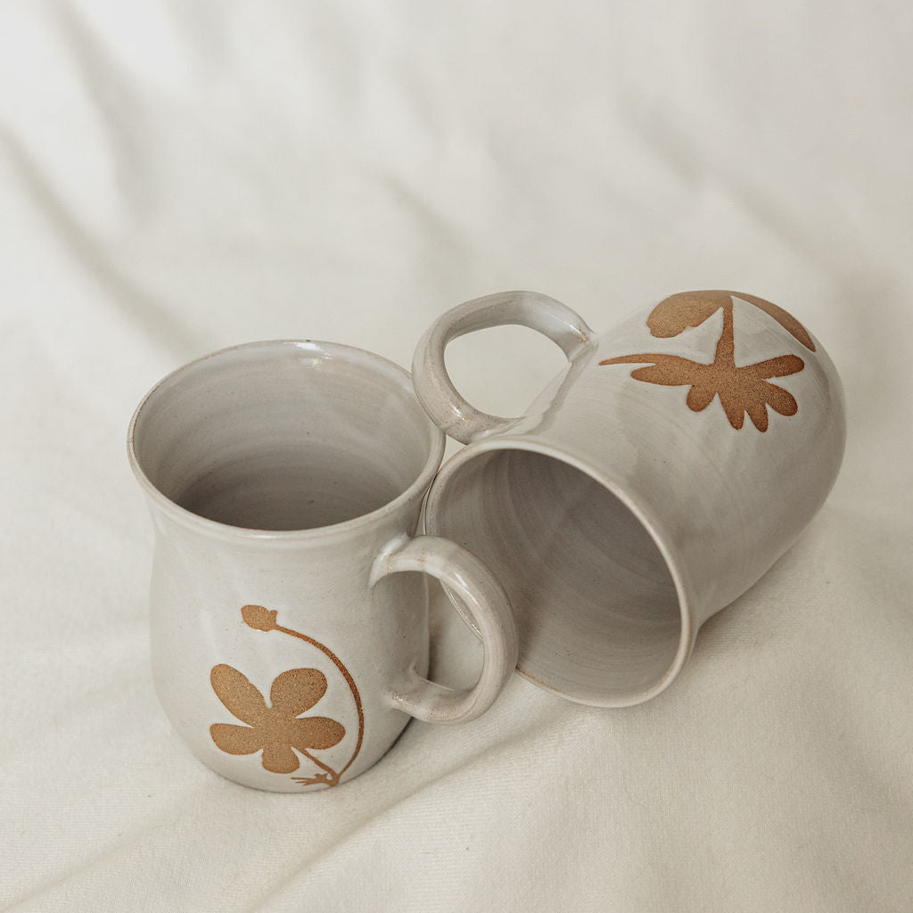 Handmade White Floral Pottery Mug (10 oz) - Made in Canada  - Wheel Thrown Stoneware Mug
